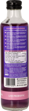 Tył szklanej butelki Kombucha Lavender, fioletowy napój i etykieta z danymi odżywczymi, 'LIVE PROBIOTIC'.