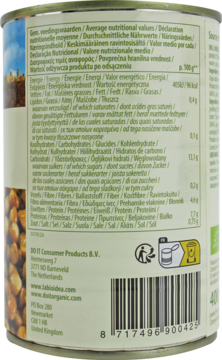 Tył puszki soczewicy BIO z multijęzyczną tabelą wartości odżywczych, danymi producenta i zielonym logo BIO.