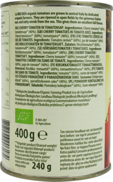 Tył srebrnej puszki z ekologicznymi pomidorami La Bio Idea. Widoczna zielono-biała etykieta z tekstem i logo.
