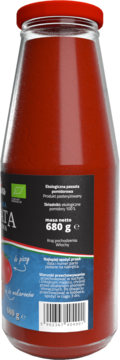 Ekologiczna passata pomidorowa Vitaliana w szklanej butelce, widok z tyłu z etykietą 680g i kodem kreskowym.