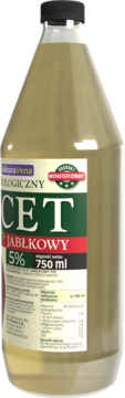 NaturaVena ekologiczny ocet jabłkowy 5% niepasteryzowany w szklanej butelce, widok z przodu, etykieta.