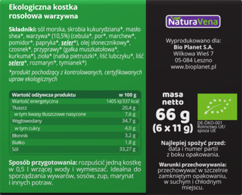 Tył czarnego opakowania kostek rosołowych NaturAvena, z zielonym panelem, wartościami odżywczymi i logo BIO.