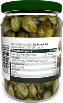 Tył słoika ekologicznych kaparów Vitaliana Bio Planet z zielonymi kaparami i etykietą wartości odżywczych.