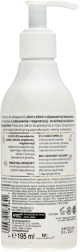 Krem do rąk Perfecta Extra Oils 195ml, biała butelka z pompką, widok z tyłu, czytelny opis właściwości.