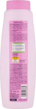 Tył różowego płynu do kąpieli Isana 750ml z etykietą, kodem kreskowym, informacjami o produkcie i oznakowaniem vegan.