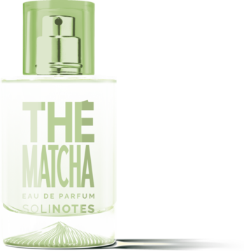 Perfumy Solinotes Matcha Tea EDP: przezroczysta butelka z jasnozielonym płynem, widok z przodu.
