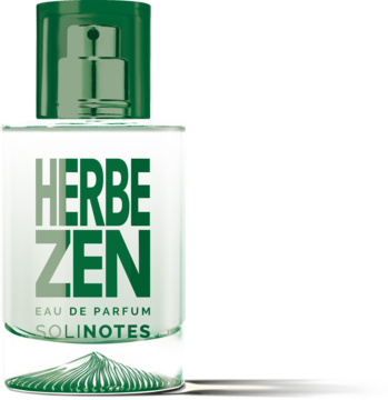 Perfumy Solinotes Herbe Zen 50ml, butelka z przezroczystego szkła, zielona nakrętka i etykieta, faliste dno, na zielonym tle.