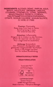 Tył różowego opakowania perfum Bugatti Bella Donna ROSA, ze szczegółowym składem, ostrzeżeniami i logo FSC.