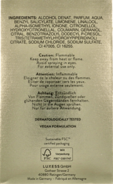 Tył złotego opakowania perfum Bugatti Bella Donna GOLD, widoczne składniki, ostrzeżenia i certyfikat FSC.