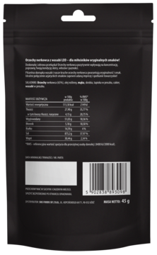 Tył matowej, czarnej torebki z prażonymi orzechami nerkowca z wasabi 45g. Widoczne dane odżywcze.