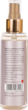 Tył przezroczystej butelki Scent of Beauty No1 mgiełki do ciała 125 ml, z białą etykietą i kodem kreskowym.