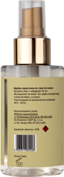 Tył butelki mgiełki do ciała Scent of Beauty No1, złota pompka, etykieta z ostrzeżeniem o 25% alkoholu.