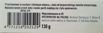 Tył opakowania chlebków Danvit z serem i szczypiorkiem. Widoczne informacje, kod kreskowy i waga 130g.