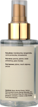 Scent of Beauty No5 mgiełka, tył przezroczystej butelki ze złotym atomizerem, z widocznymi nutami zapachowymi.
