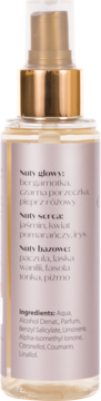 Tył butelki Scent of Beauty No2, mgiełka 125ml, z etykietą pokazującą skład i nuty zapachowe, złoty atomizer.