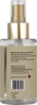 Tył butelki Scent of Beauty No2 mgiełki do ciała 125ml. Przezroczysta butelka ze złotą pompką i beżową etykietą.