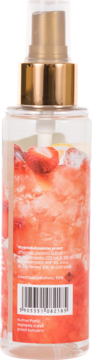 Tył butelki Scent of Beauty Strawberry Champagne mgiełki 125ml, z etykietą truskawkowo-szampańskiego napoju i kodem.