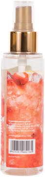 Scent of Beauty Strawberry Champagne mgiełka 125ml, tył butelki z etykietą truskawek, złotą nakrętką, kodem kreskowym i tekstem.