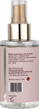 Tył szklanej butelki Scent of Beauty No4 mgiełki 125ml z złotą pompką, różowa etykieta, alkohol 65%.