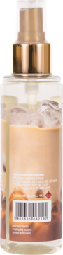 Tył przezroczystej butelki Scent of Beauty Caffe Latte mgiełka 125ml. Złoty atomizer, płyn kawy z mlekiem, kod kreskowy.