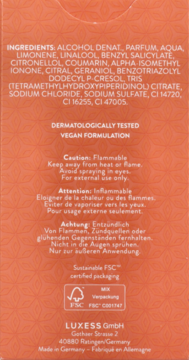 Tył pomarańczowego opakowania kobiecych perfum Bugatti Eleganza Ambra, ze składem, ostrzeżeniami i logo FSC.