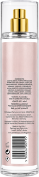 Tył butelki mgiełki do ciała Jennifer Lopez Glow. Widoczne różowe tło, złoty atomizer i lista składników.