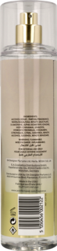 Tył butelki mgiełki do ciała Jennifer Lopez Miami Glow. Przejrzysta butelka, złoty atomizer, etykieta ze składnikami i kodem kreskowym.