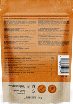 Tył brązowej torebki Pieczonych Krakersów Danvita Cheddar. Widoczna tabela odżywcza, źródło białka i błonnika.