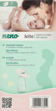 Tył opakowania Neno Leite silikonowego kolektora mleka 100ml, z zielonym tłem i specyfikacją produktu.