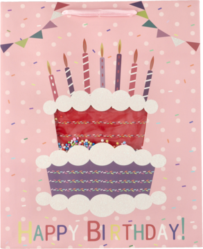 Różowa torba prezentowa Happy Birthday z dwupiętrowym tortem, świecami i konfetti, widok z przodu.