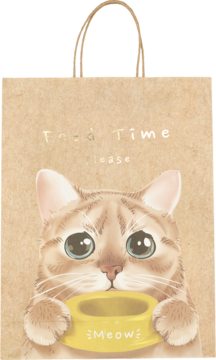 Brązowa torebka prezentowa z wizerunkiem uroczego kota trzymającego żółtą miskę. Tekst: Food Time, Meow!