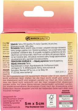 Tył różowo-pomarańczowego opakowania taśmy For Your Beauty Body Tape 5m x 5cm z polską instrukcją.