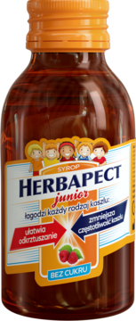 Butelka Herbapect junior syrop na kaszel bez cukru. Pomarańczowa nakrętka, dzieci na etykiecie, widok z przodu.