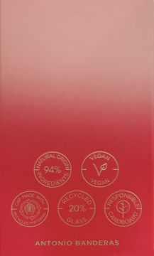 Tył opakowania perfum Banderas The Icon Splendid, czerwony gradient, złote ikony składu.