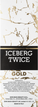 Front of Iceberg Twice Gold woda toaletowa, biało-złote pudełko z czarnym paskiem, widoczne składniki.
