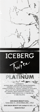 Front opakowania wody toaletowej Iceberg Twice Platinum: czarno-srebrne, z napisem Iceberg Twice i marmurowym wzorem.