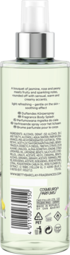 Betty Barclay Wild Flower fragrance body spray, back of clear glass bottle with barcode, ingredients, and symbols.