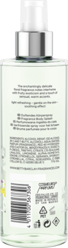 Tył butelki Betty Barclay Tender Blossom Fragrance Body Splash. Przezroczysta, srebrna nakrętka, etykieta ze składnikami i kodem kreskowym.