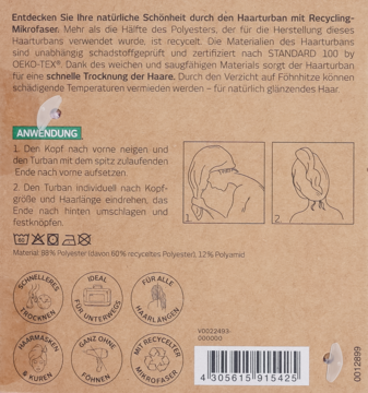 Tył brązowego opakowania turbanu na włosy z recyklingowych mikrowłókien. Instrukcja użycia, ilustracje i ikony korzyści.