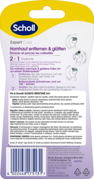 Tył fioletowo-żółtego opakowania Scholl Expert Care 2w1 z głowicami usuwającymi naskórek, instrukcje i logo.