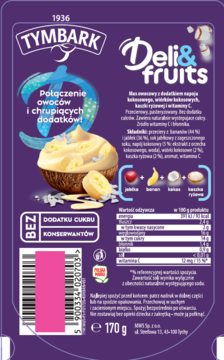 Tył fioletowej tubki Tymbark Deli&Fruits kokosowo-bananowej, z informacjami o składzie i wartościach odżywczych.
