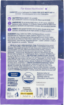 Tył fioletowego opakowania Isana Kids, płyn do kąpieli lawendowy, z listą składników i danymi producenta.