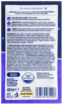 Tył fioletowej saszetki Isana Kids Gute Nacht Bad, lawendowego płynu do kąpieli, z listą składników.