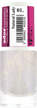Ados lakier do paznokci Pure Luxury 01 Natural Lady, opalizujący, z drobinkami, widok z przodu.