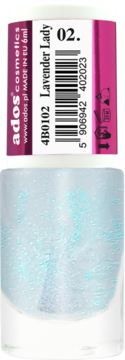 Ados Pure Luxury 02 Lavender Lady, opalizujący lakier do paznokci, jasnoniebieski z brokatem, widok z przodu.