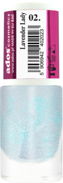 Ados Pure Luxury 02 Lavender Lady, lakier opalizujący pastelowoniebieski z subtelnym brokatem, butelka, ujęcie z przodu.