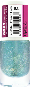 Lakier Ados Cosmetics Frozen Lady 03, turkusowy z opalizującym brokatem, w butelce, widok z przodu.