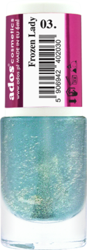 Ados Pure Luxury Frozen Lady nr 03, turkusowy lakier do paznokci z brokatem, widok butelki z przodu.