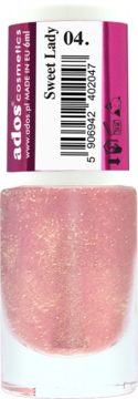 Ados Pure Luxury lakier 04 Sweet Lady, jasnoróżowy z opalizującymi złotymi drobinkami, widok z przodu.