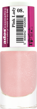 Ados Pure Luxury Pink Lady 08, jasnoróżowy lakier do paznokci z delikatnym brokatem, butelka z etykietą, widok z przodu.